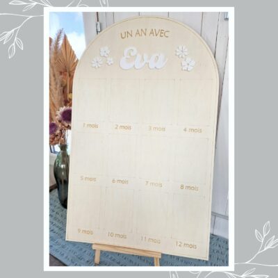 Grand panneau en bois (80x50cm) pour photos (10x15cm) - Un an avec - Affiche pour photos bébé
