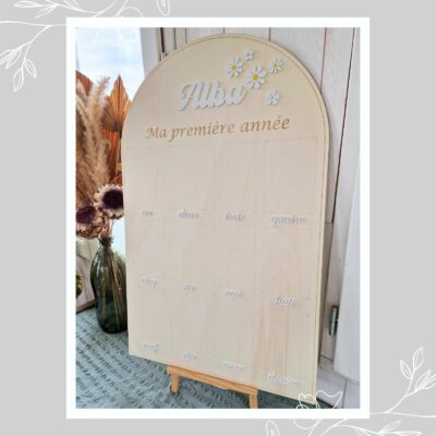 Grand panneau en bois (80x50cm) pour photos (10x15cm) - Ma première année - Affiche pour photos bébé